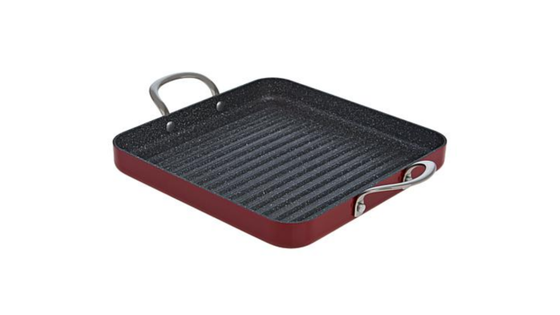 An image of a grill pan in red against a white background.