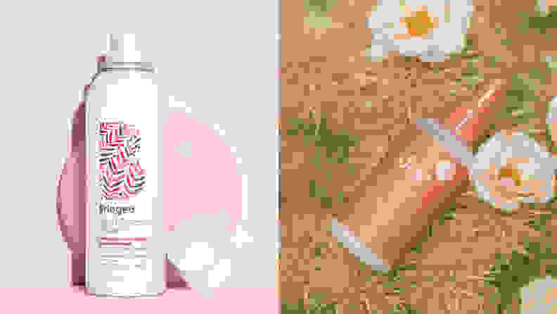 On the left: The Briogeo Don't Despair, Repair! Strength + Moisture Leave-In Spray Hair Mask on a pink background with its cap sitting to the right of the white bottle. On the right: The Dae Cactus Flower Leave In Conditioner lays on a bed of dry flowers.