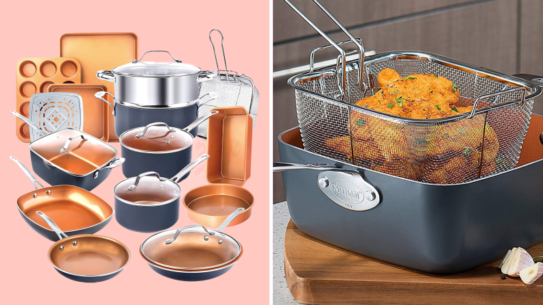 On left, product shot of the Gotham 20-piece copper pot set. On right, product shot of the Gotham deep fry pan and basket.