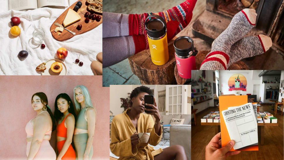 Photo collage of socks, people, robe, food, and books.