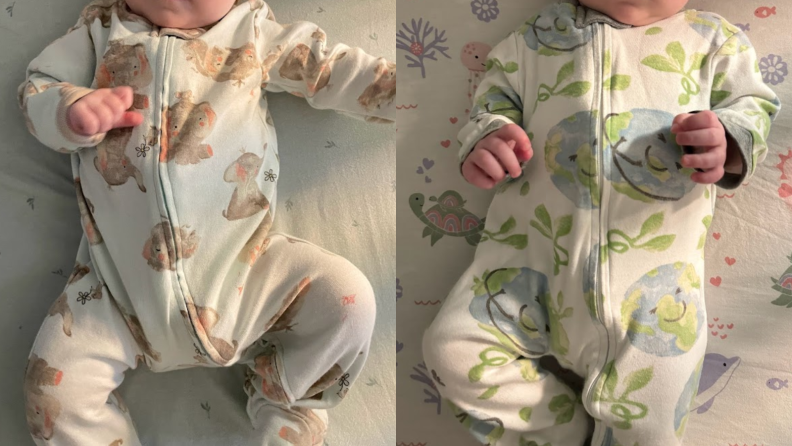 A small infant laying down while wearing a onesie printed in smiling elephants and a onesie with smiling earths from Burt’s Bees.