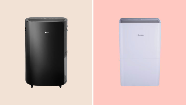 A black humidifier against a beige background on the left; a white dehumidifier against a pink background on the right