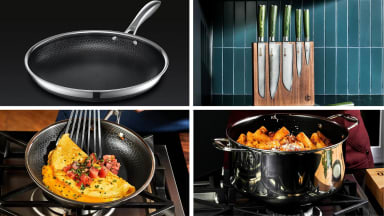 Various HexClad cookware items in front of different backgrounds.