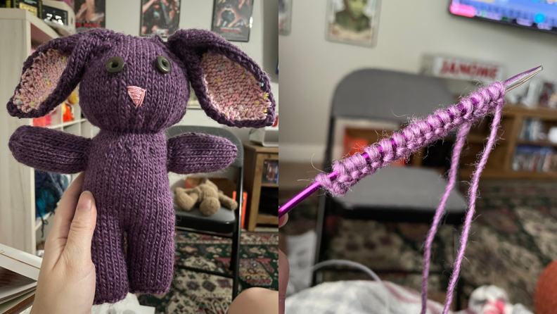 Knitted bunny next to yarn on a needle