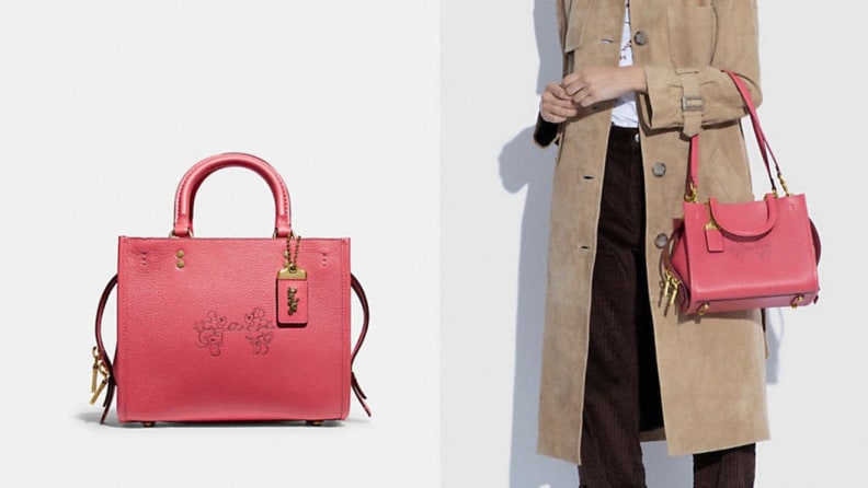 An image of the pink, Disney engraved Pink Rogue bag from Disney x Coach
