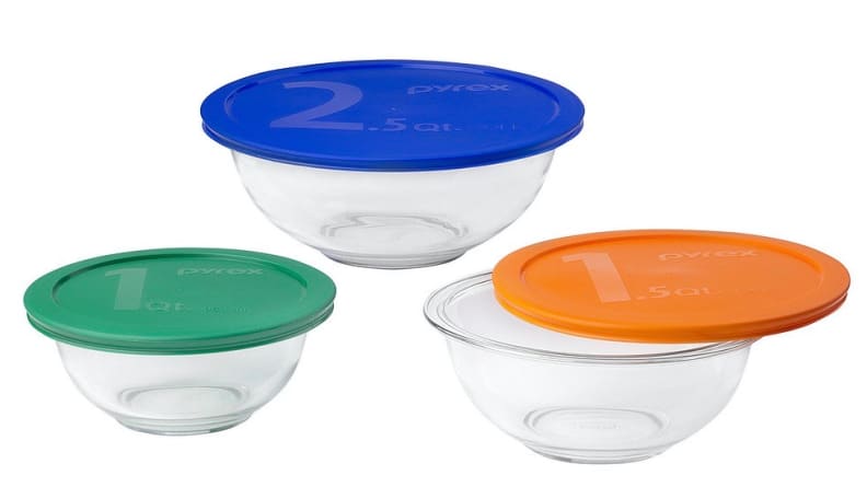 Pyrex mixing bowls will come in handy before, during, and after your meal thanks to their handy lids.
