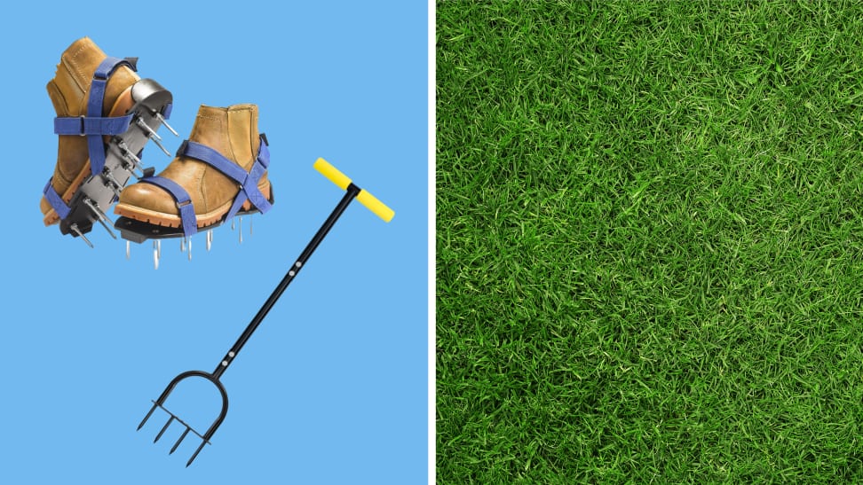 Lawn care equipment in front of a background next to a picture of grass.