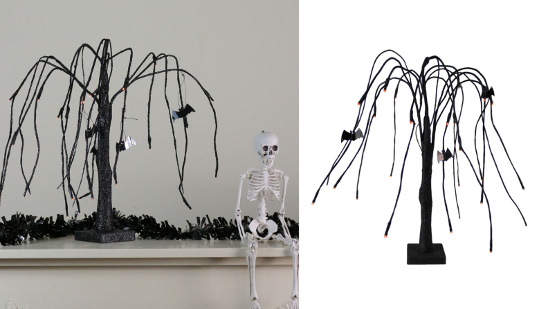 An image of a glittering black tree on a mantle next to a skeleton alongside an image of the same tree on a white field.