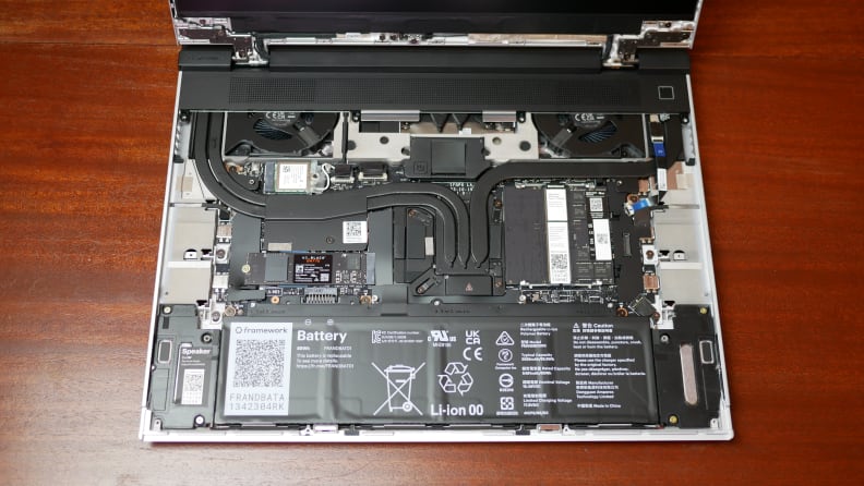 The underside of the Framework Laptop 16 showing the internals
