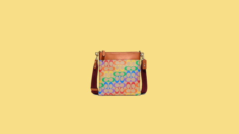 rainbow printed crossbody on yellow background