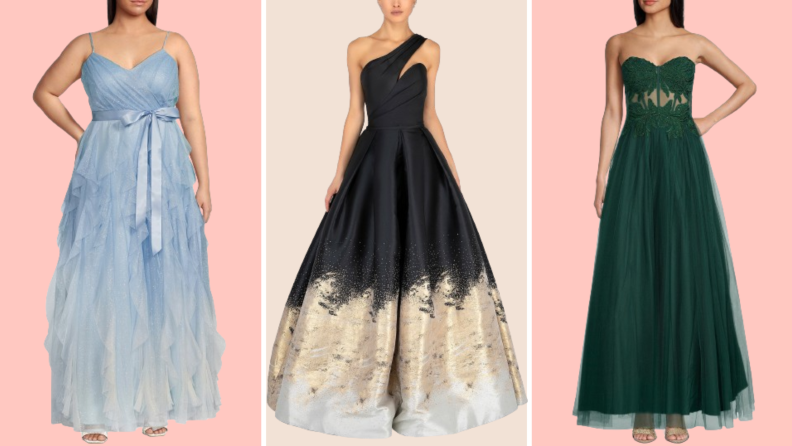 A blue gown with a satin bow, a full black and gold gown, and a green gown with corset detailing.