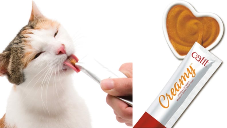 An image of a cat licking at a cat treat alongside a closeup of the cat treat tube.
