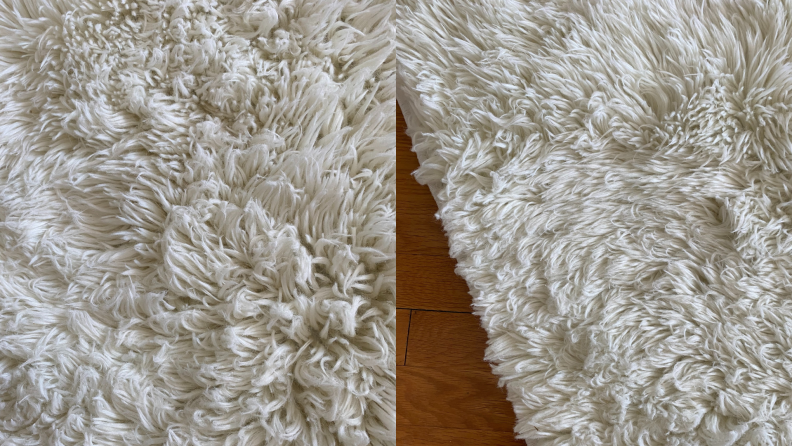 Close up of white shag rug material