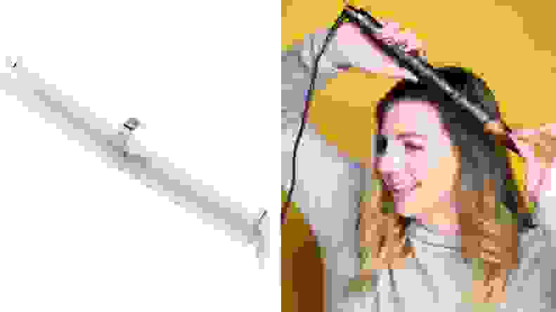 A close up shot of a white curling iron, next to a woman using the same curling iron to curl her brunette hair