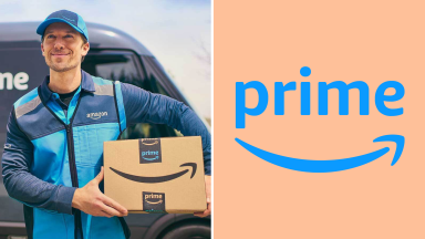Someone holding an Amazon package next to the Amazon Prime logo on a colored background.