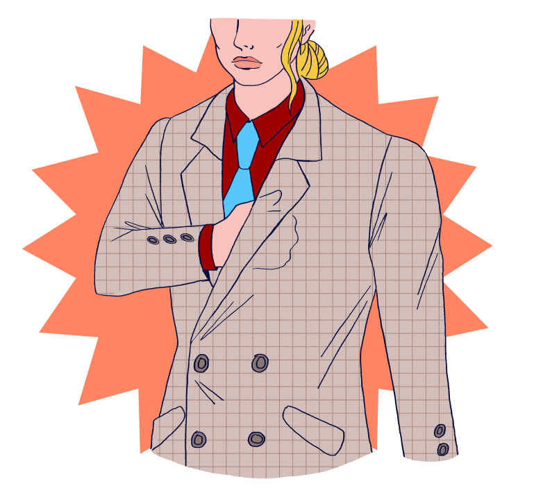 An illustration showing a person stuffing their fist inside of a suit jacket to check if it's too big.