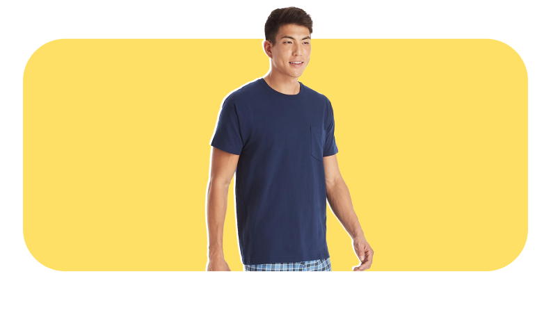 Model wearing Hanes' navy crew-neck t-shirt and plaid boxers