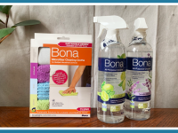 Two bottles of Bona All-Purpose Cleaner and a box of Bona Microfiber Cleaning Cloths.
