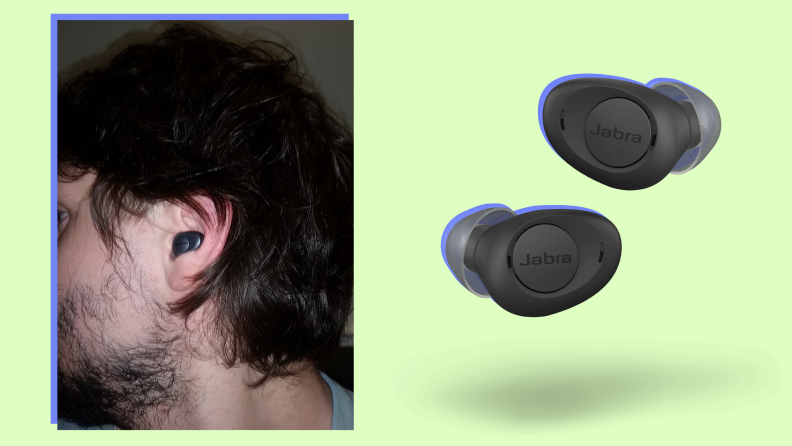 On left, person wearing Jabra Enhance Plus bud in their ear. On right, two dark gray Jabra Enhance Plus buds.