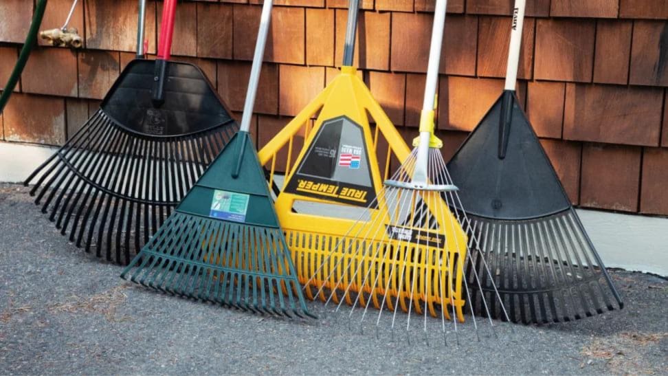 Four rakes leaning up against a wall.