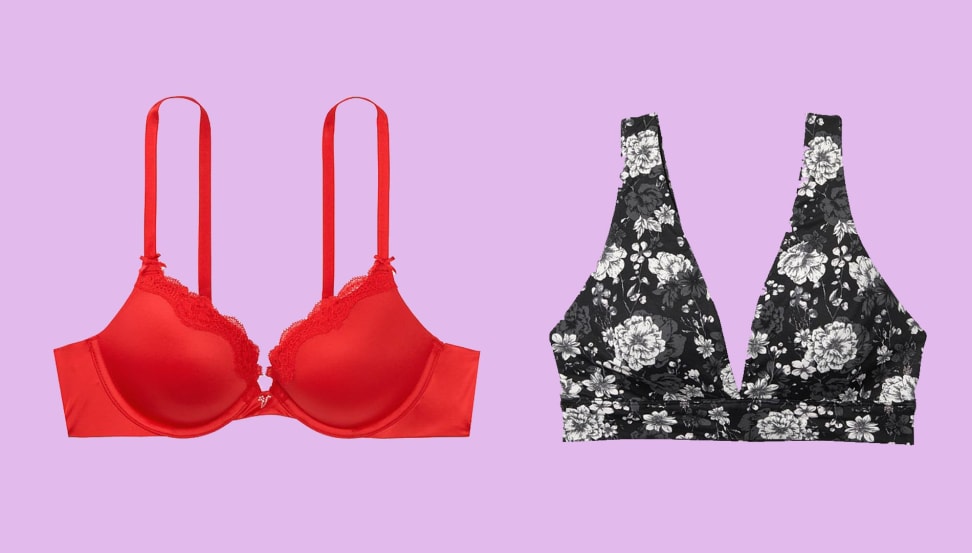 A red bra (left) and a black and white floral printed bikini top (right) against a bright purple background.