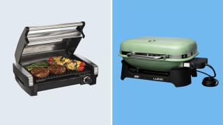 Hamilton Beach electric grill on a gray background and Weber Lumin grill on blue background