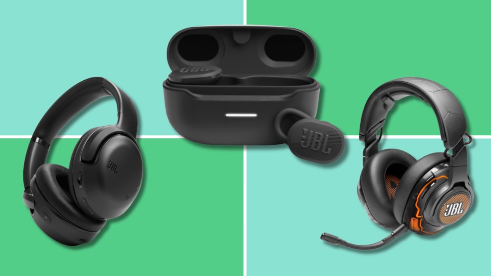 Black JBL headphones, including an over-ear pair, true wireless earbuds, and a gaming headset, representing Black Friday deals.