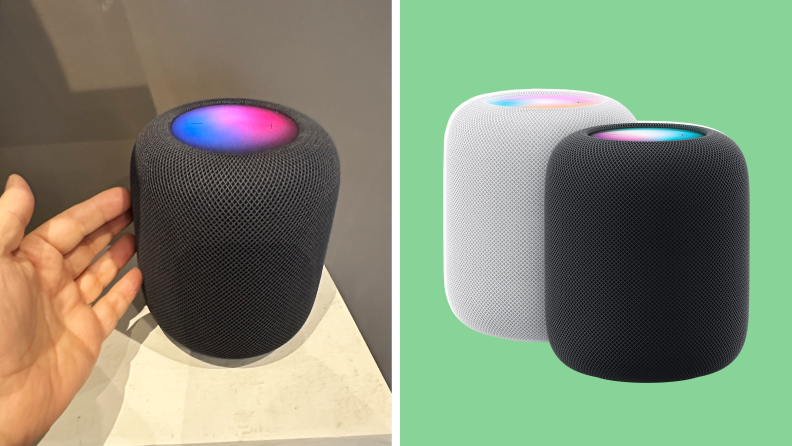 An image on the left shows a hand next to the Apple HomePod with a multicolored blue and red, while an image on the right displays two HomePods, one in white and one in black, against a green background.