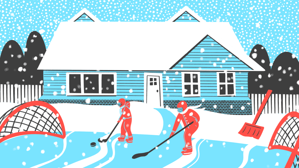 Cartoon drawing of people playing hockey and skating on outdoor skating rink behind home in backyard.