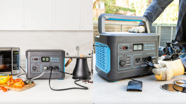 On left, small generator being used in kitchen to power coffee maker, pressure cooker, and microwave. On right, handyman plugging cord into small generator.