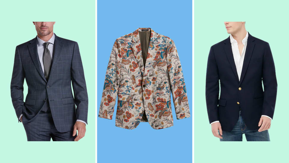 three suit jackets: one grey, one black and one abstract