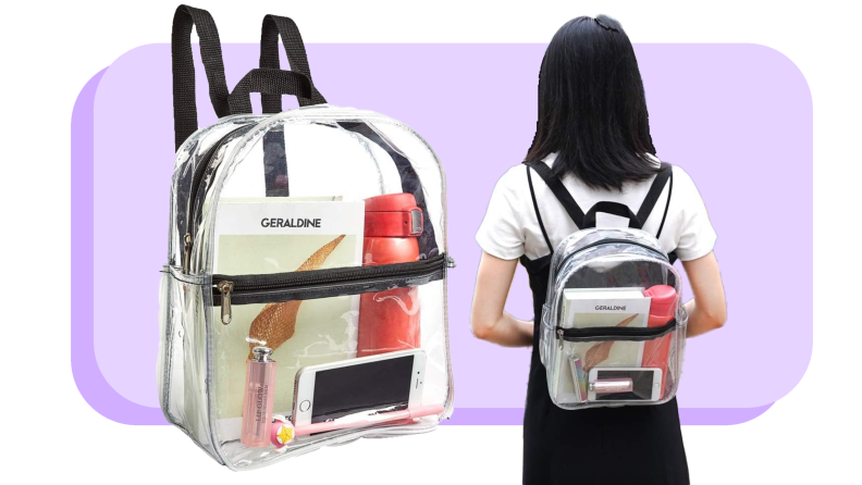 On left, Product shot of the Clearworld Stadium Approved Clear Mini Backpack that has black cloth straps with book, smartphone, writing utensil, reusable water bottle and smartphone inside. On right, model wearing the Product shot of the Clearworld Stadium Approved Clear Mini Backpack with items inside on her back.
