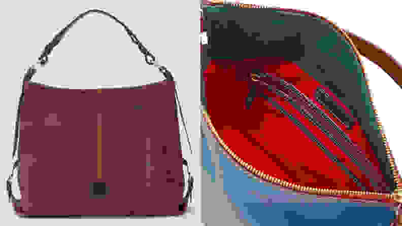 Left: Dooney & Bourke brown leather handbag on white background, Right: Red interior of Dooney & Bourke handbag.