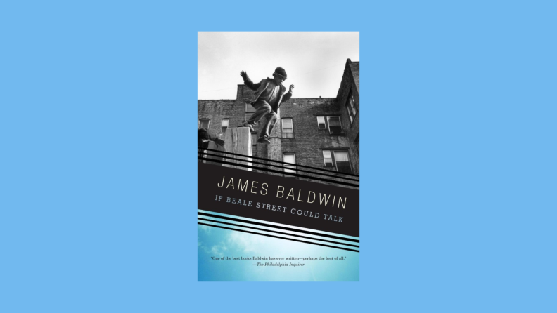 The book cover to "If Beale Street Could Talk " by James Baldwin features a boy jumping off a post.