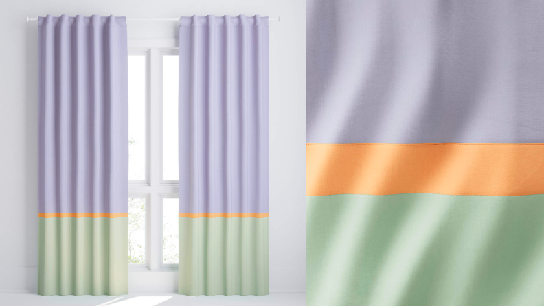 Multicolored curtains of blue, orange, and green.