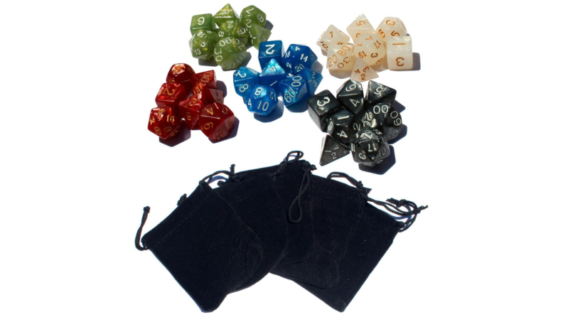 An image of five sets of TTRPG dice in different colors along with five black velvet bags.