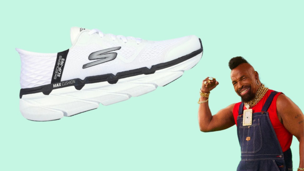 An image of a white Skechers slip-in shoe next to a smiling Mr. T.