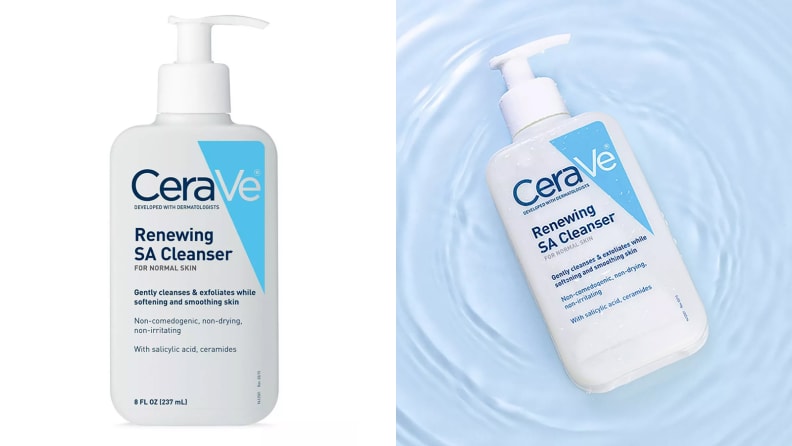 On the left: The Cerave Salicylic Acid Cleanser, which is in a clear, pump bottle, stands against a white background. On the right: The CeraVe Salicylic Acid Cleanser bottle floats in a shallow pool of light blue water.