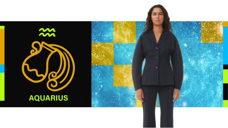 On the left is the symbol for Aquarius, and on the right is a model wearing a pinstriped suit with a nipped-in waist and rounded sleeves.
