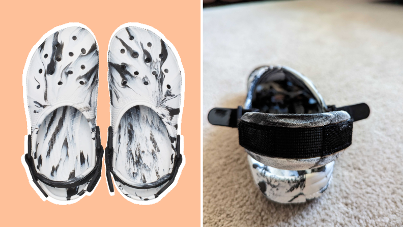Product shots of top and adjustable strap on the black and white marble patterned Classic Adjustable Slip Resistant Clogs.