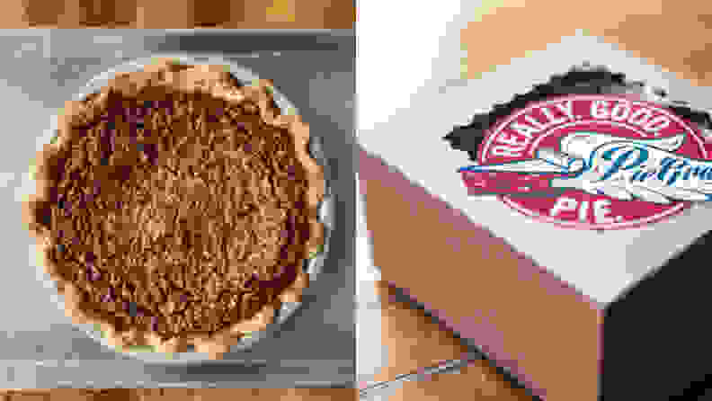 Left: pecan pie on baking sheet. Right: box labeled Really Good Pie