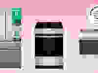 Hisense fridge, Frigidaire range and LG dryer on a pink gradient background