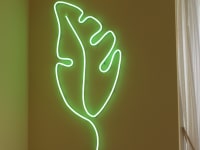 Green leaf-shaped neon light mounted on wall inside of home next to curtained window.