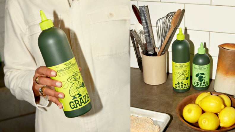 On the left, someone hold a bottle of Graza olive oil. On the right, two Graza oils staged among a kitchen counter.