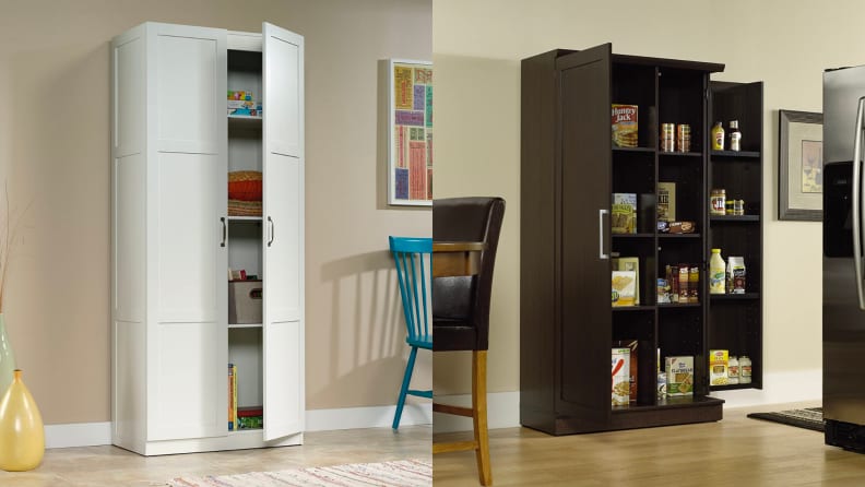 A white and dark brown storage cabinet.