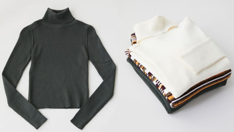 Two images of turtleneck sweaters. THe first is an image of a turtleneck in dark grey, the second is an image of several turtlenecks folded and stacked together.