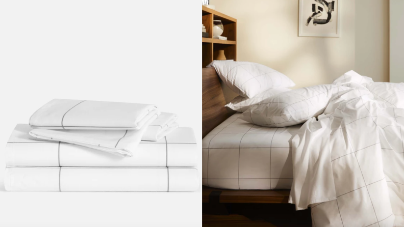 On left, stack of white and gray sheets from Brooklinen. On right, disheveled bed cover with white and gray Brooklinen sheets in bedroom.