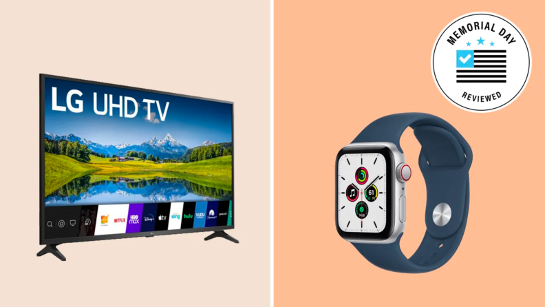 A television set and a smart watch against an orange background.