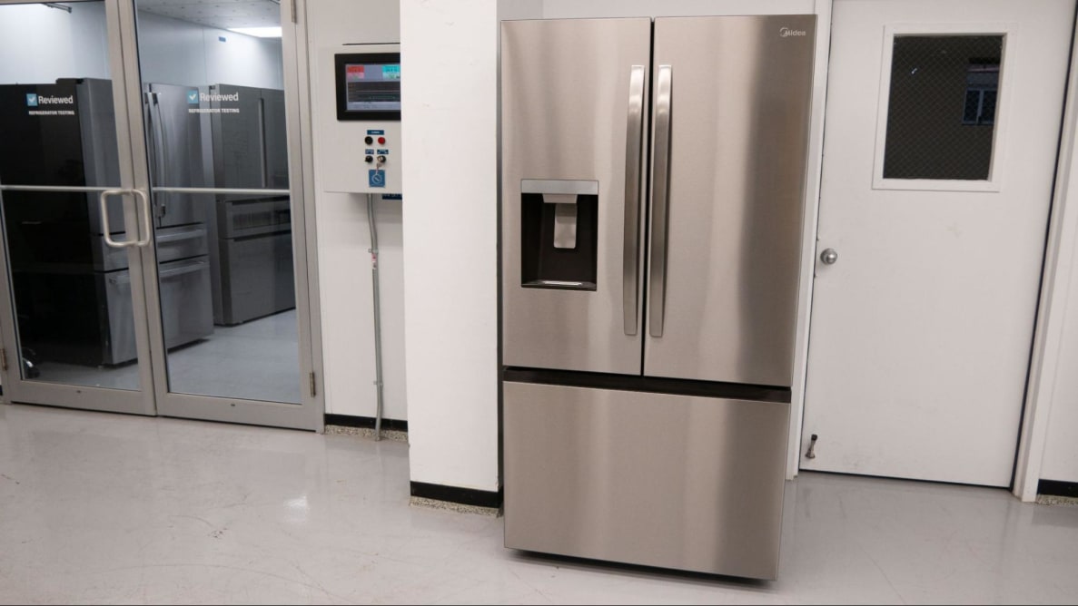A close-up of the Midea MRF29D6AST French-door refrigerator sitting outside our fridge testing labs.