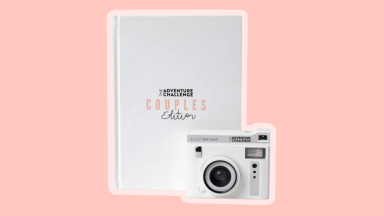The Couples Edition Adventure Challenge book and an instant camera.